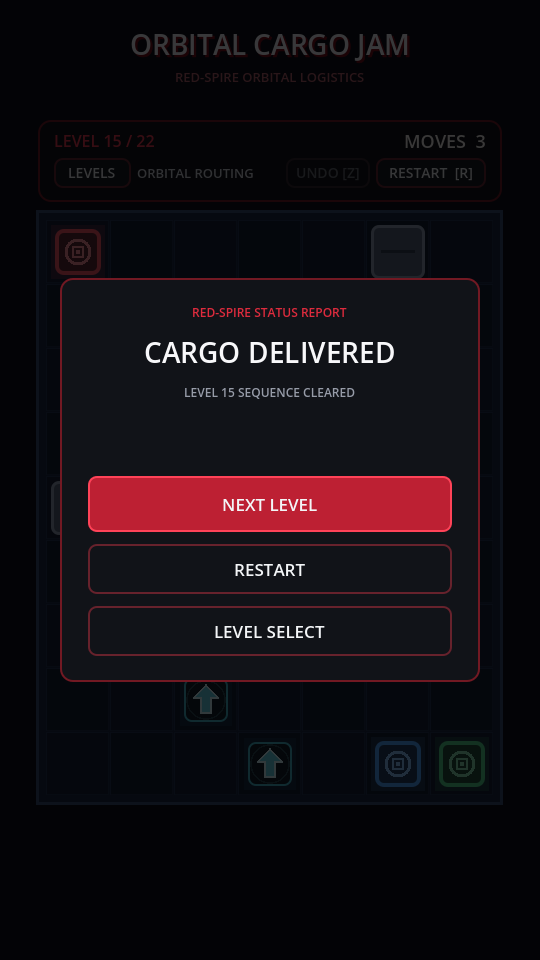 Orbital Cargo Jam cargo delivered win state with Next Level, Restart, and Level Select controls