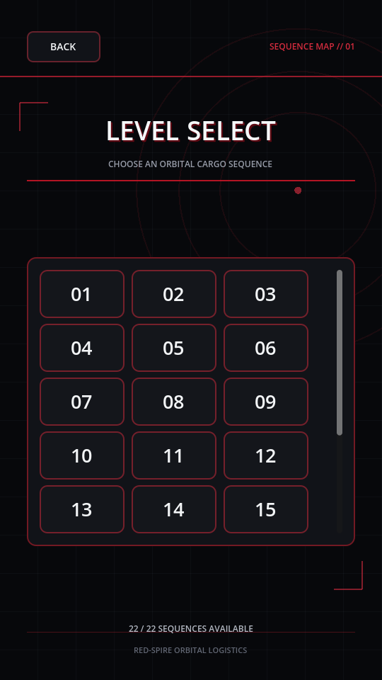 Orbital Cargo Jam handcrafted level selection interface