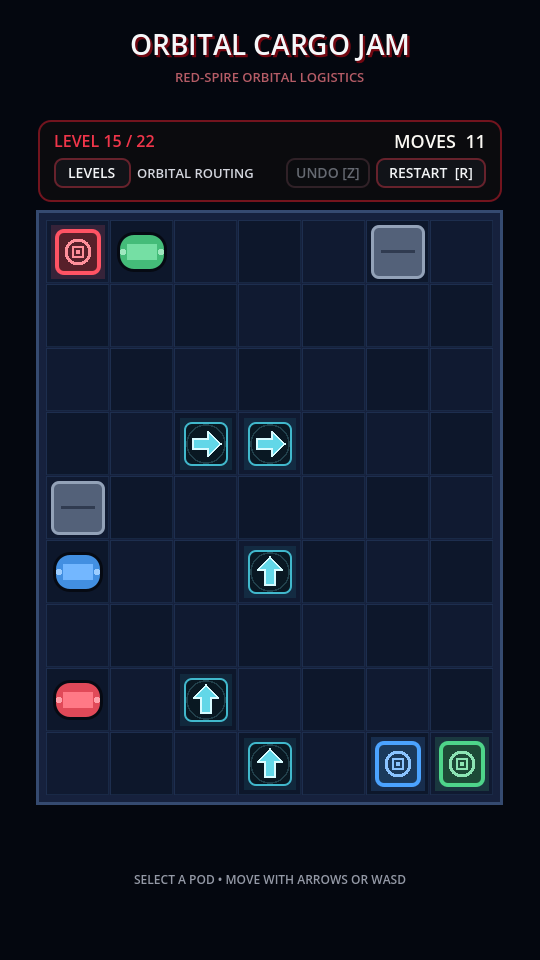 Orbital Cargo Jam level using one-way routing arrow tiles