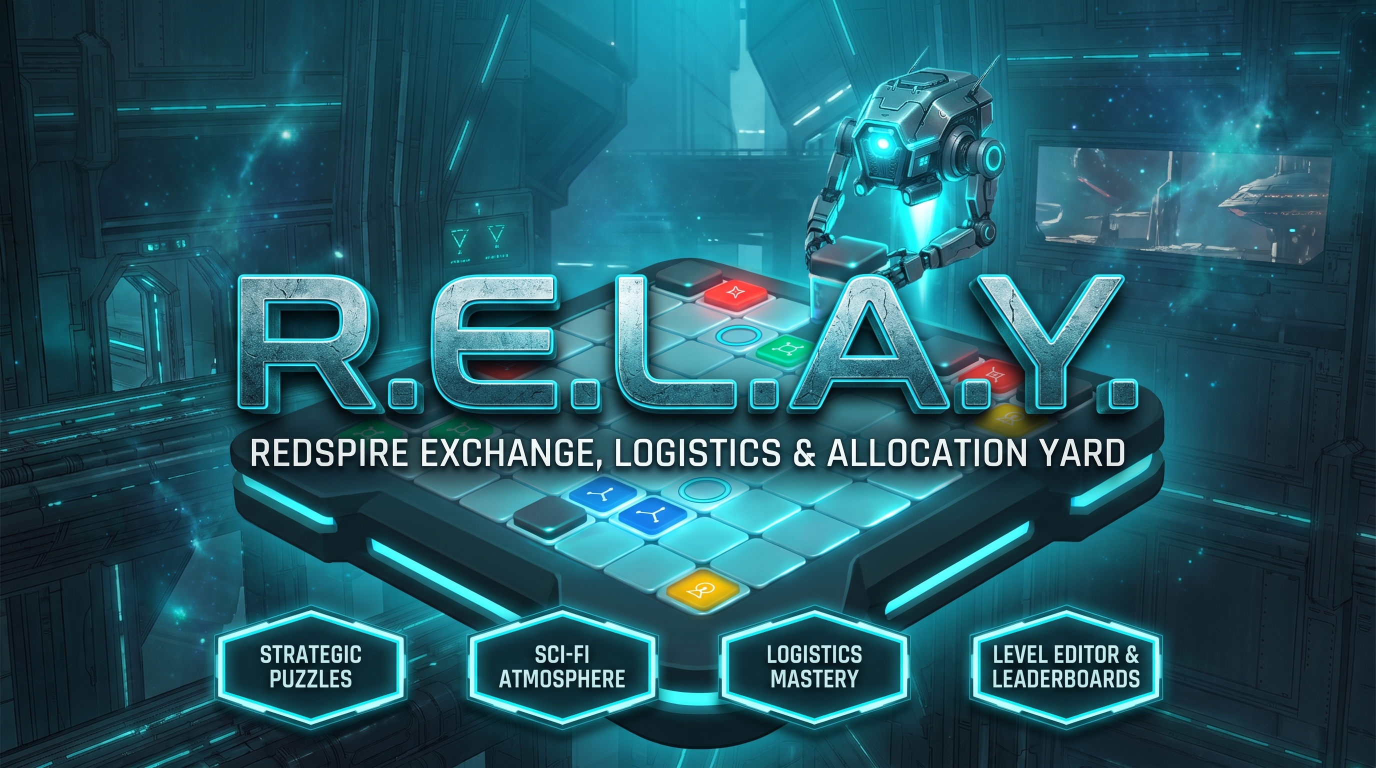 R.E.L.A.Y. cyan promotional banner featuring its sci-fi logistics puzzle board