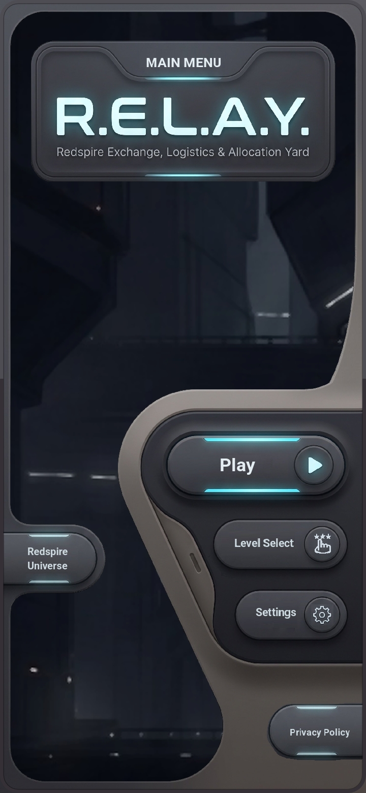 R.E.L.A.Y. main menu with Play, Level Select, and Settings controls