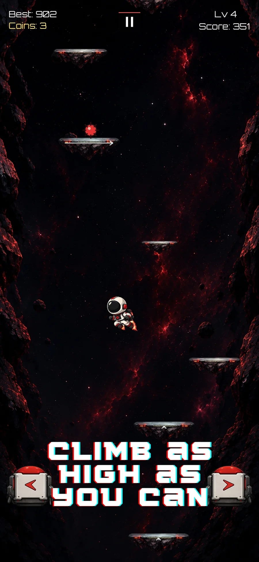 Void Hop gameplay showing the astronaut climbing between platforms