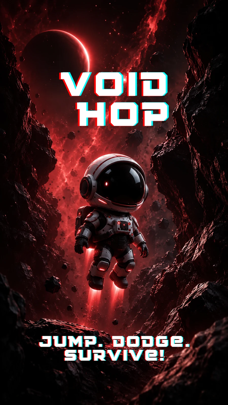 Void Hop astronaut flying through a red asteroid field