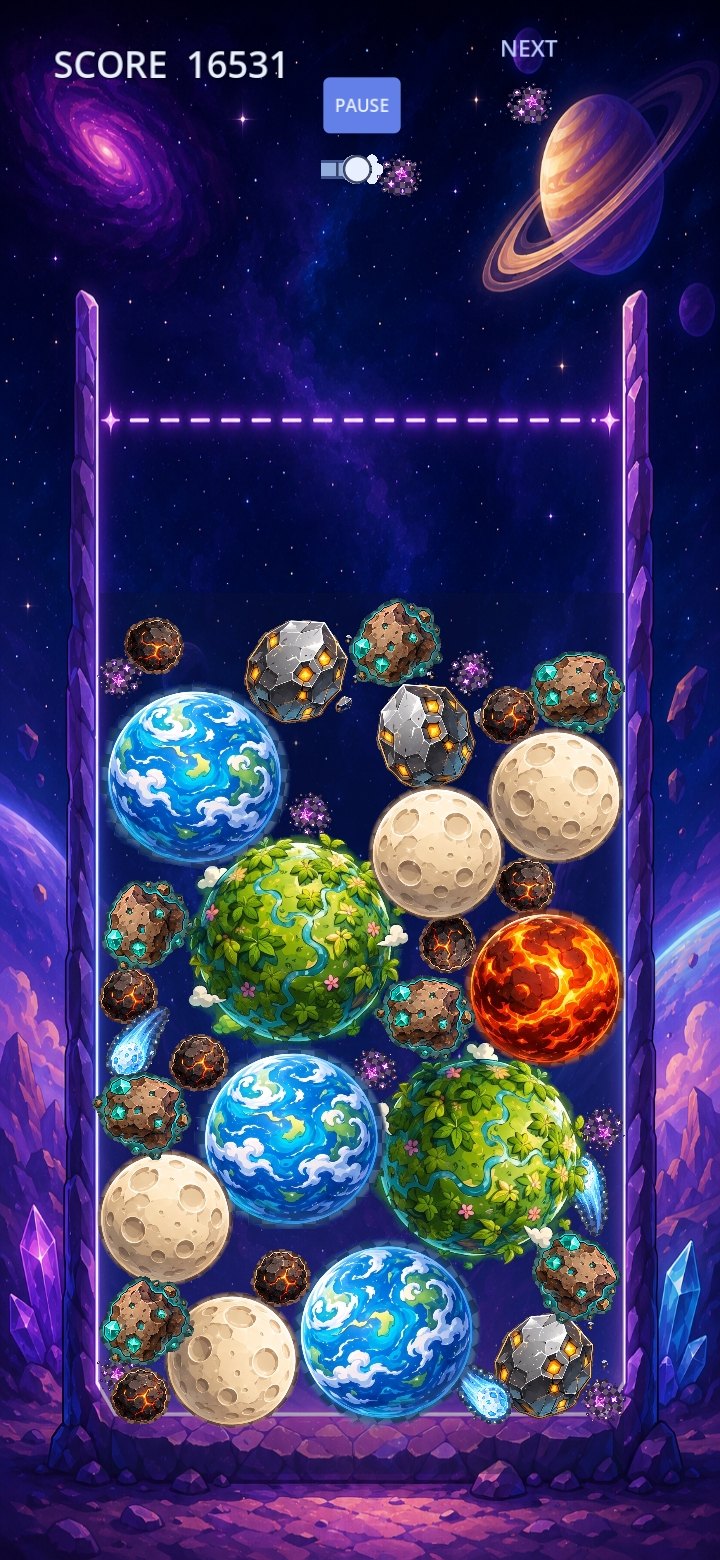 World Drop gameplay showing a crowded cosmic puzzle board
