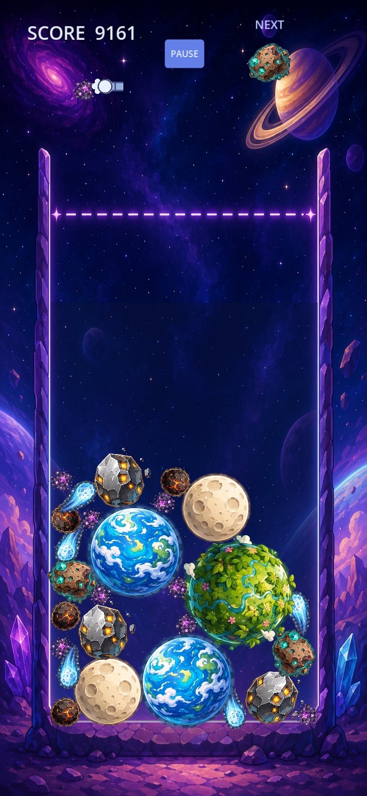 World Drop gameplay with matching planets merging in a portrait playfield